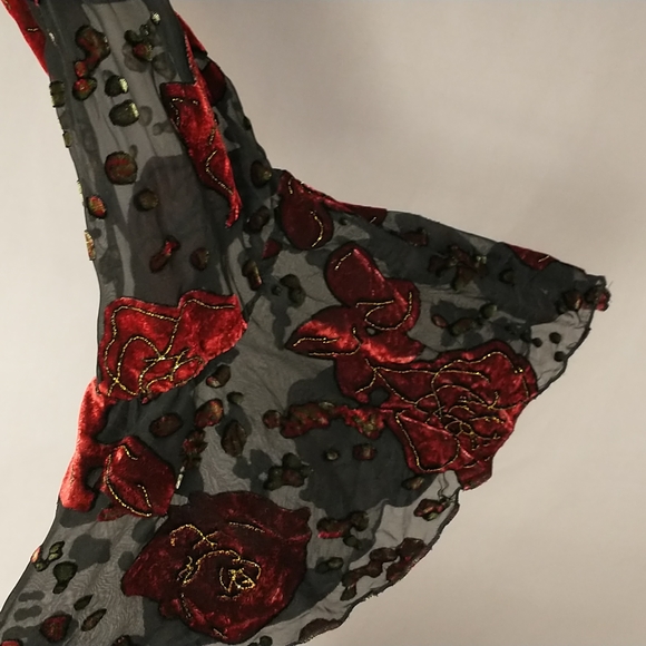 Holiday Wrap Blouse Silk Velvet Burnout Red Roses on Black Sexy Low V Sheer Sle - Picture 6 of 11